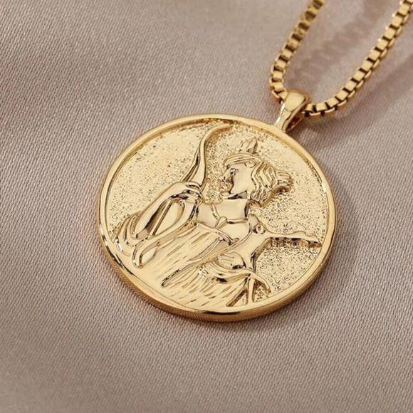 Artemis Medallion Pendant Necklace in Gold on a Box Chain - Picture 4 of 8